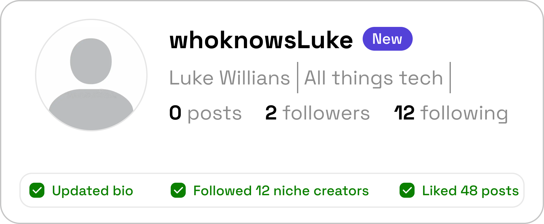 Warmed-up Instagram account profile preview